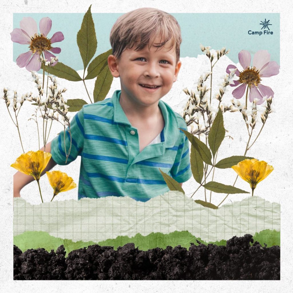 Boy smiling with background of flowers and texture paper.