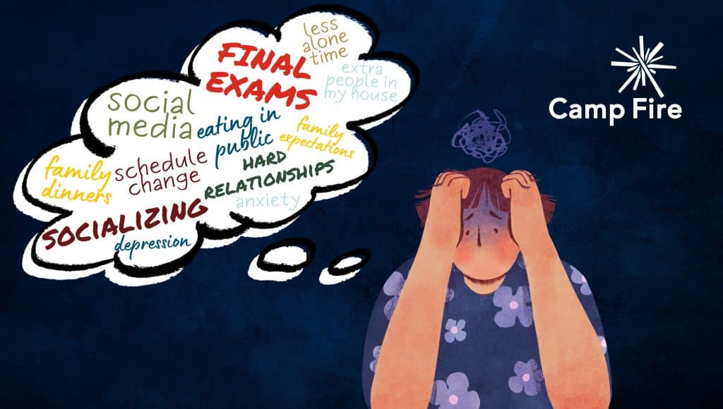 Illustration of a young person looking stressed - there is a thought bubble with words: eating in public, family dinners, family expectations, less alone time, final exams, etc.