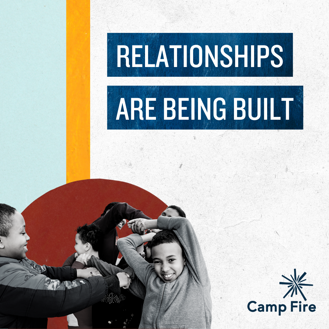 photo of young people doing a team building exercise. the text says "relationships are being built"